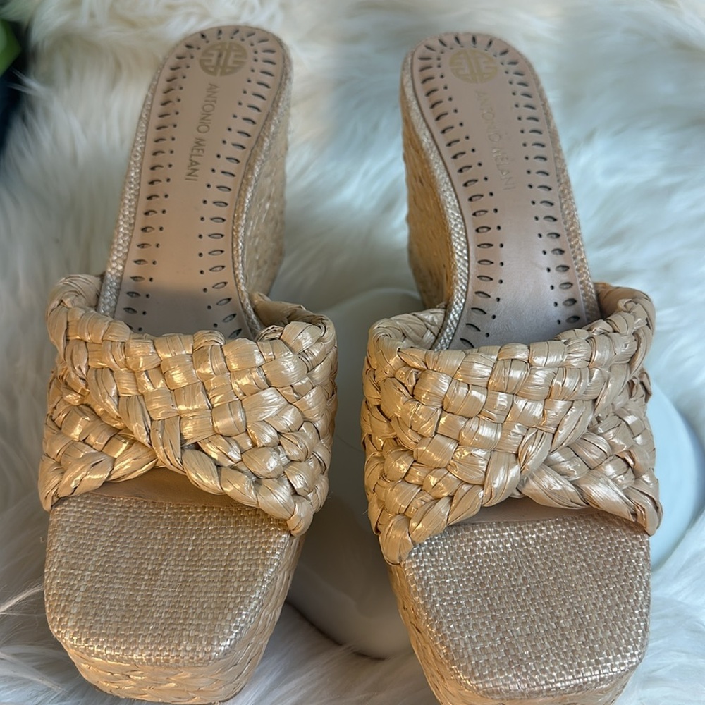 Antonio Melani Women's Tan Woven Wedge Sandals - Picture 2 of 9
